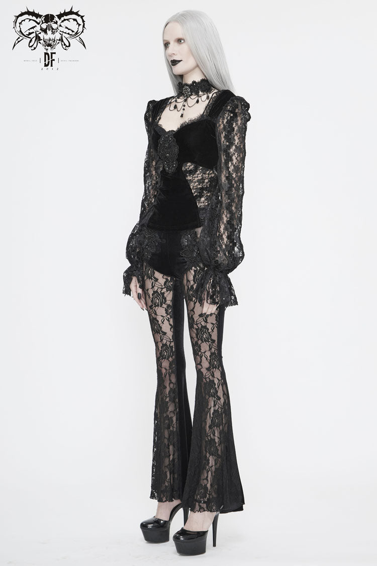 Women's Gothic T-Shirt in Black with Decals, Lantern Sleeves, Lace Cuffs & Back Lace-Up Velvet Knit
