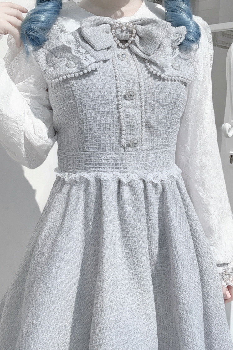 Grey Long Sleeve Bow Lace Pearl Sweet Jirai Kei Dress