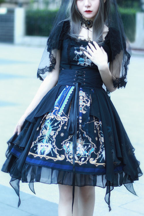 Gothic Lace Ruffle Square Collar Short Sleeve Lolita OP Dress