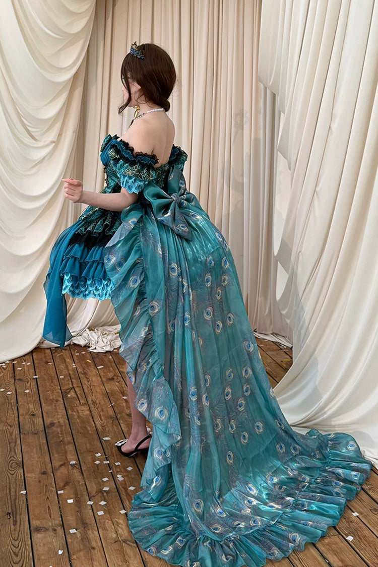 Blue/Green [Peacock Spirit Princess] Sleeveless Multi-Layered Ruffled Bow Lace-Up Classic Elegant Lolita Jsk Dress