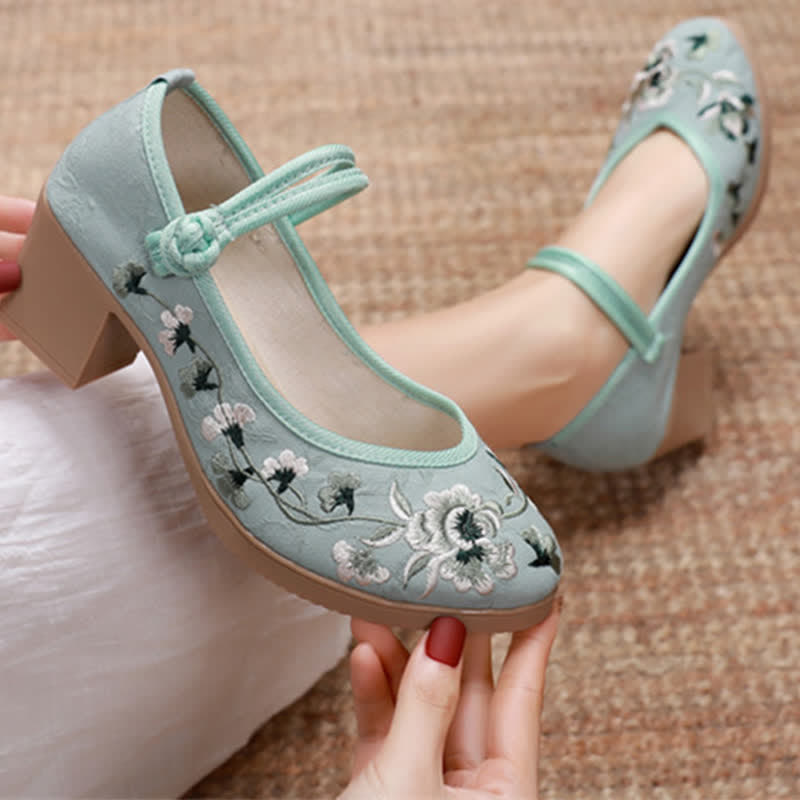 Elegant Floral Embroidery Buckle High Heel Shoes