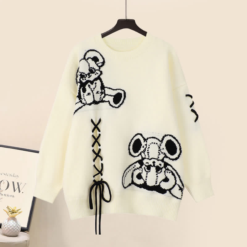 Cartoon Bear Lace Up Sweater Pleated Skirt Set