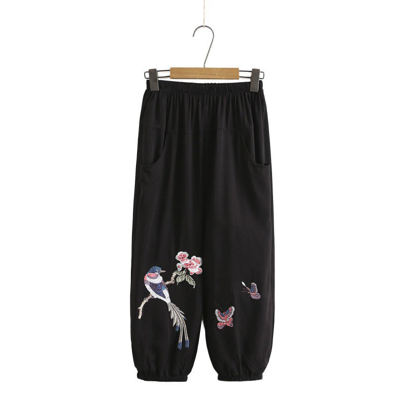 Vintage Bird Embroidery Buckle T-Shirt Pants Set