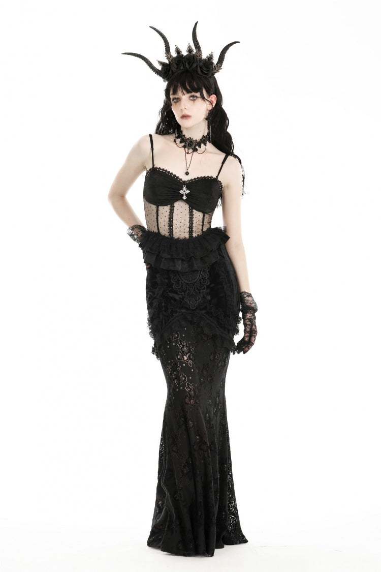Obsidian Double-Layered Lace Ruffle Top with Spaghetti Straps - Gothic Sheer