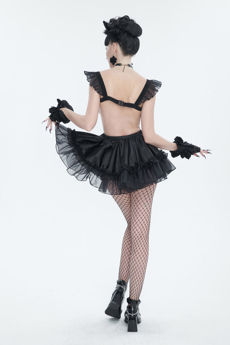 Gothic Glossy Sheer Ruffled Stretch Sexy Maid Dress