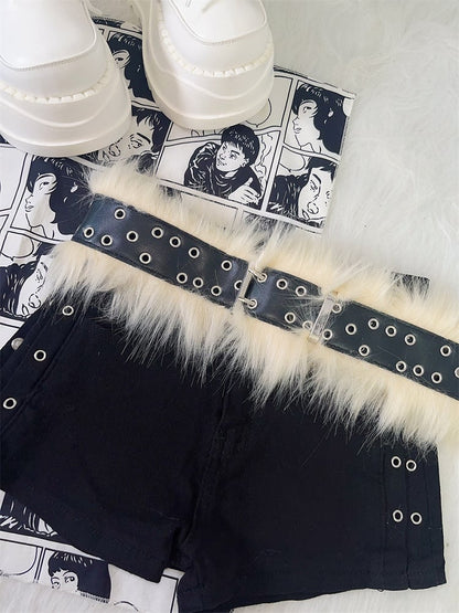 Black Studs Plush Trim Waist Belt