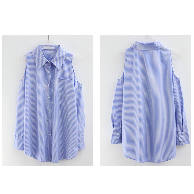 Chic Blue Striped Hollow Out Lapel Shirt