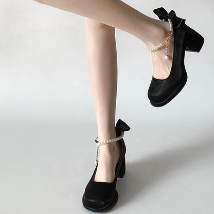 Pearl Buckle Thick Heel Mary Jane Shoes