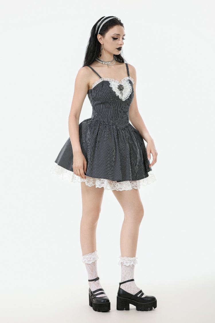 Black/White Pinstriped Sleeveless Lace Lace-Up Women's Gothic Lolita Slip Dress Graduation Dress