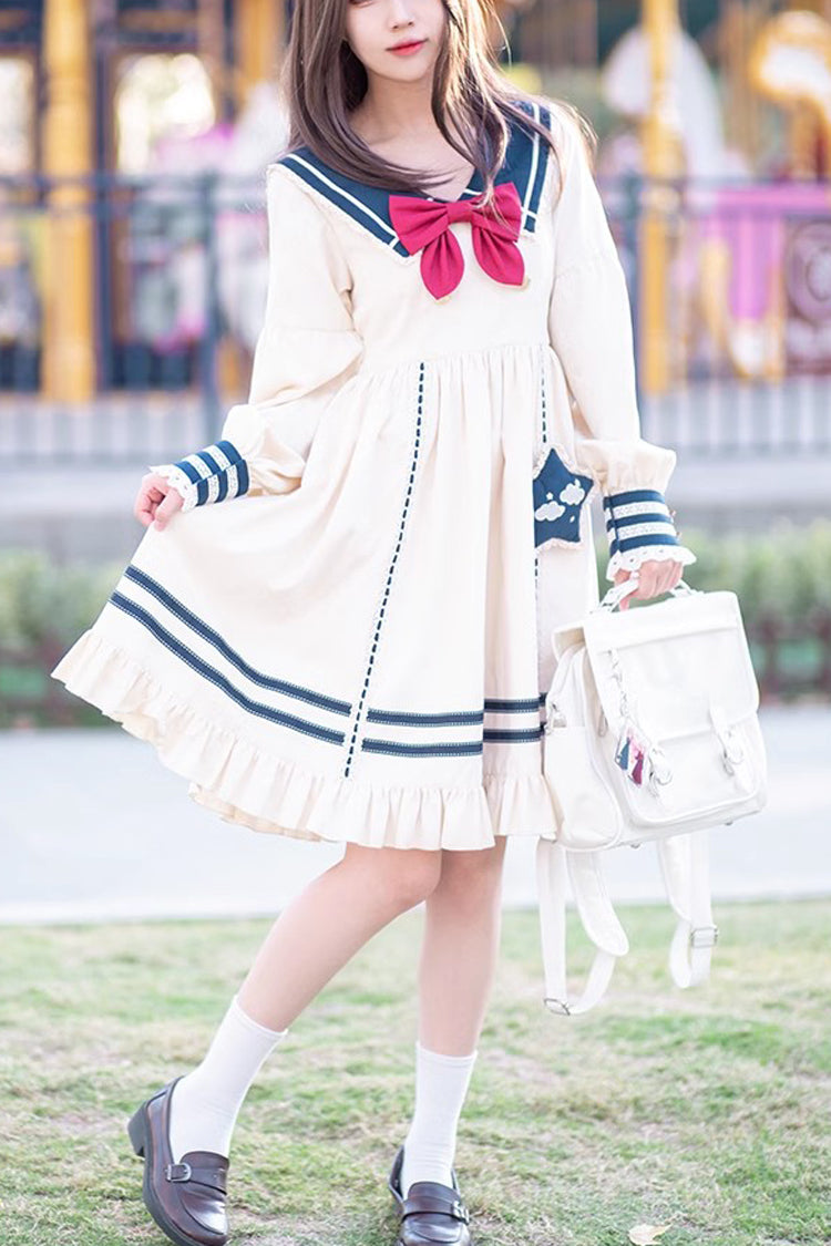 Navy Bowknot Ruffle Long Sleeve Lolita Dress