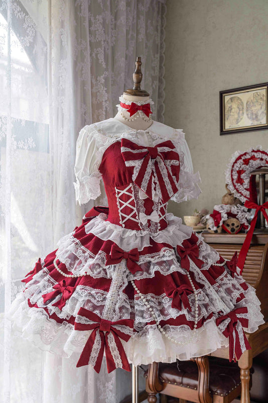 Crimson Small Cakes Sleeveless Multi-Tier Frill Bow Lace Sweet Lolita Jumper Dress