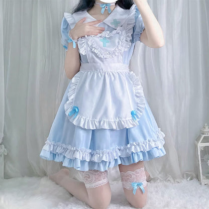 Kawaii Cross Print Ruffled Maid Lolita Dress Set