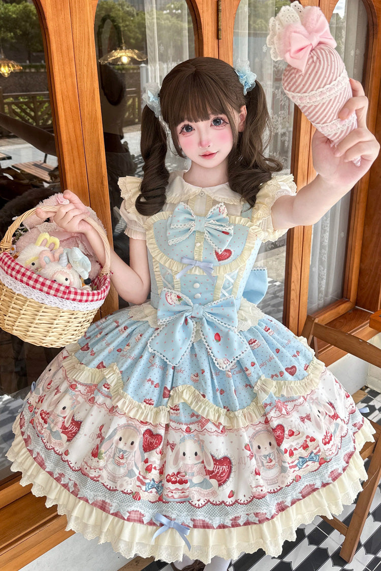 Blue [Cute Rabbit Party] Sleeveless Double-Layered Printed Ruffled Bow Sweet Lolita Jsk Dress