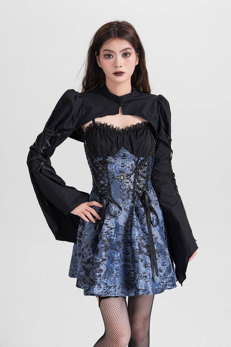 Blue Sleeveless Jacquard Printed Spliced Lace-Up Gothic Vintage Lolita Jsk Dress