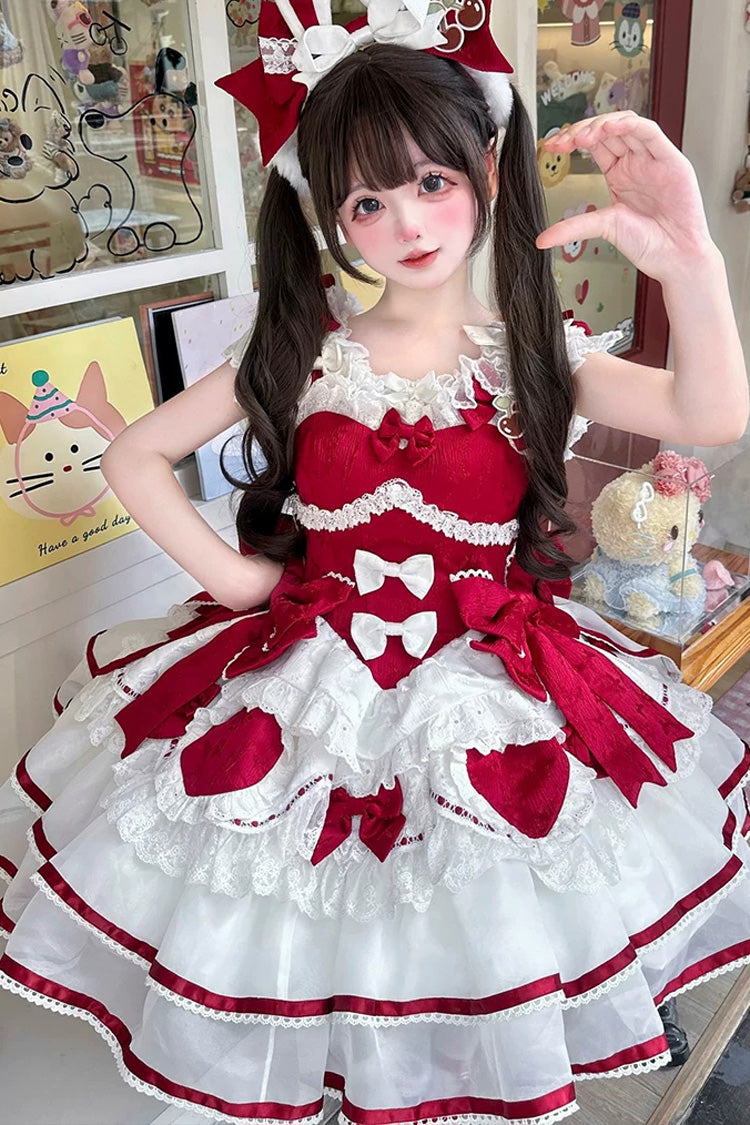 Red [Velvet Rabbit] Sleeveless Multi-Layered Ruffled Bow Sweet Lolita Jsk Dress Set