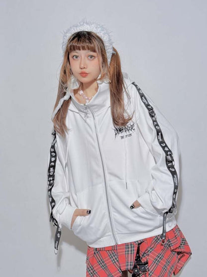 White Punk High-Neck Hooded Loose Jacket