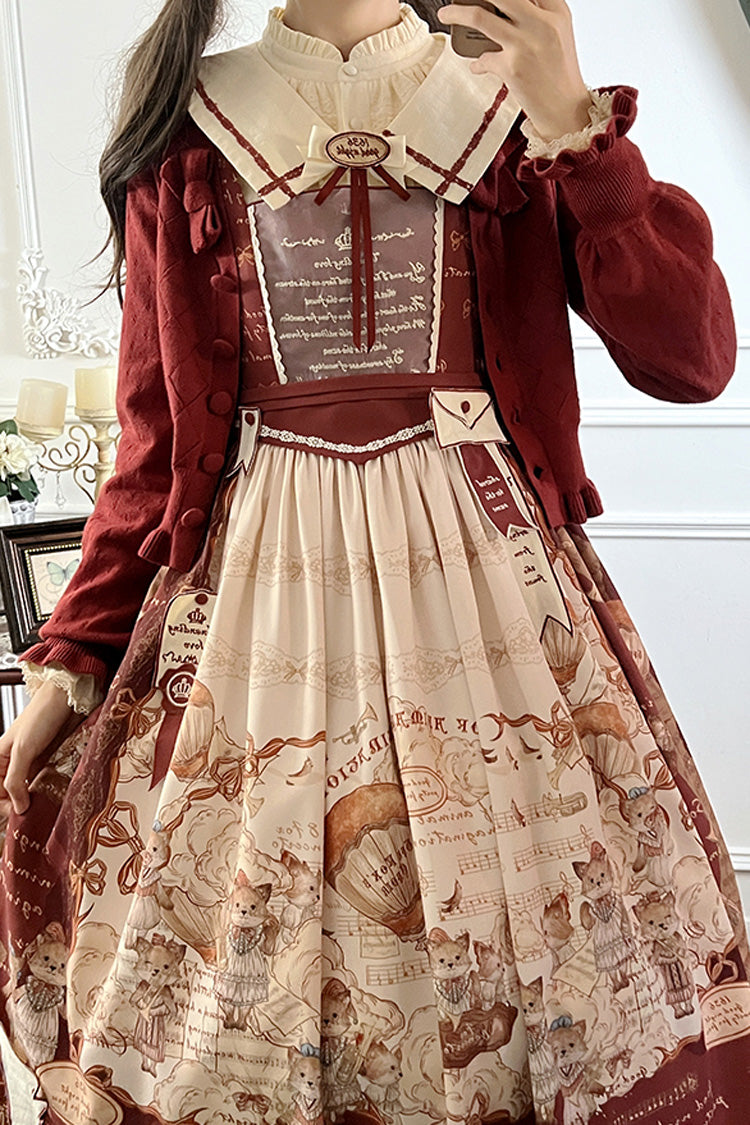 Wine Red Fox Print Square Collar Bowknot Classic Lolita Jumper
