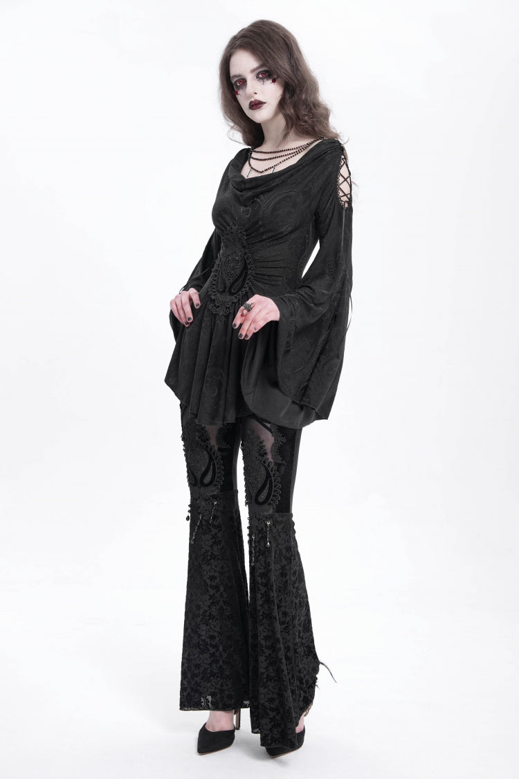 Floral Embroidered Flared Gothic Pants with Cutout Design for Women