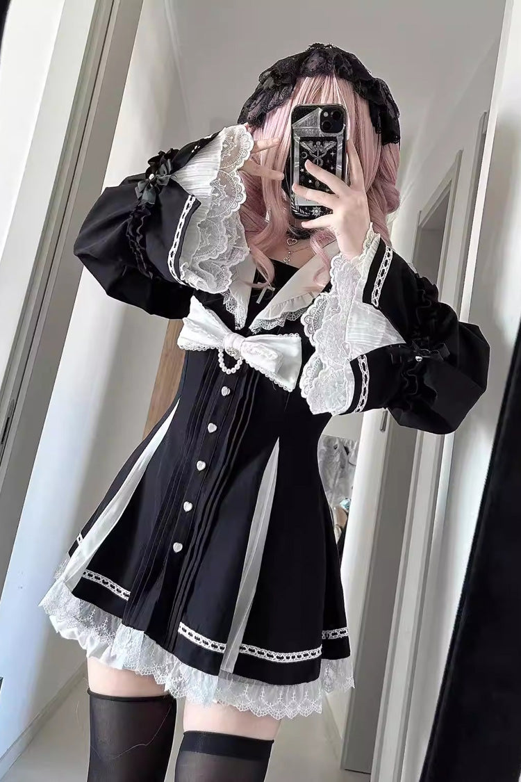 Square Collar Long Sleeves Bow Lace Pearl-Decorated Sweet Jirai Kei Dress and Short Set