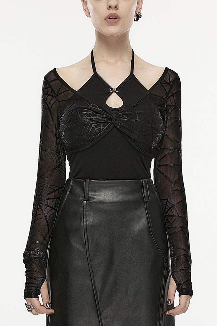Noir Punk Two-Piece Set with Halter Neck and Web Print