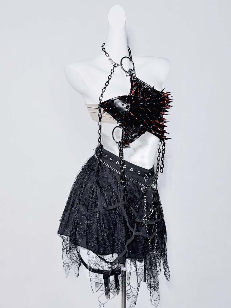 Punk Black Halter Neck Studs Chain Star-shaped Backless Top