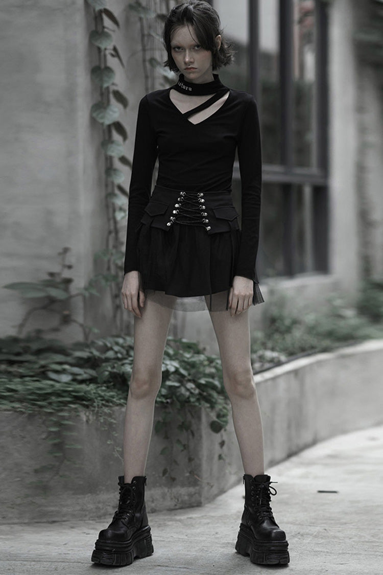 Steampunk High-Waist Skirt for Her with Mesh Plaid Binding