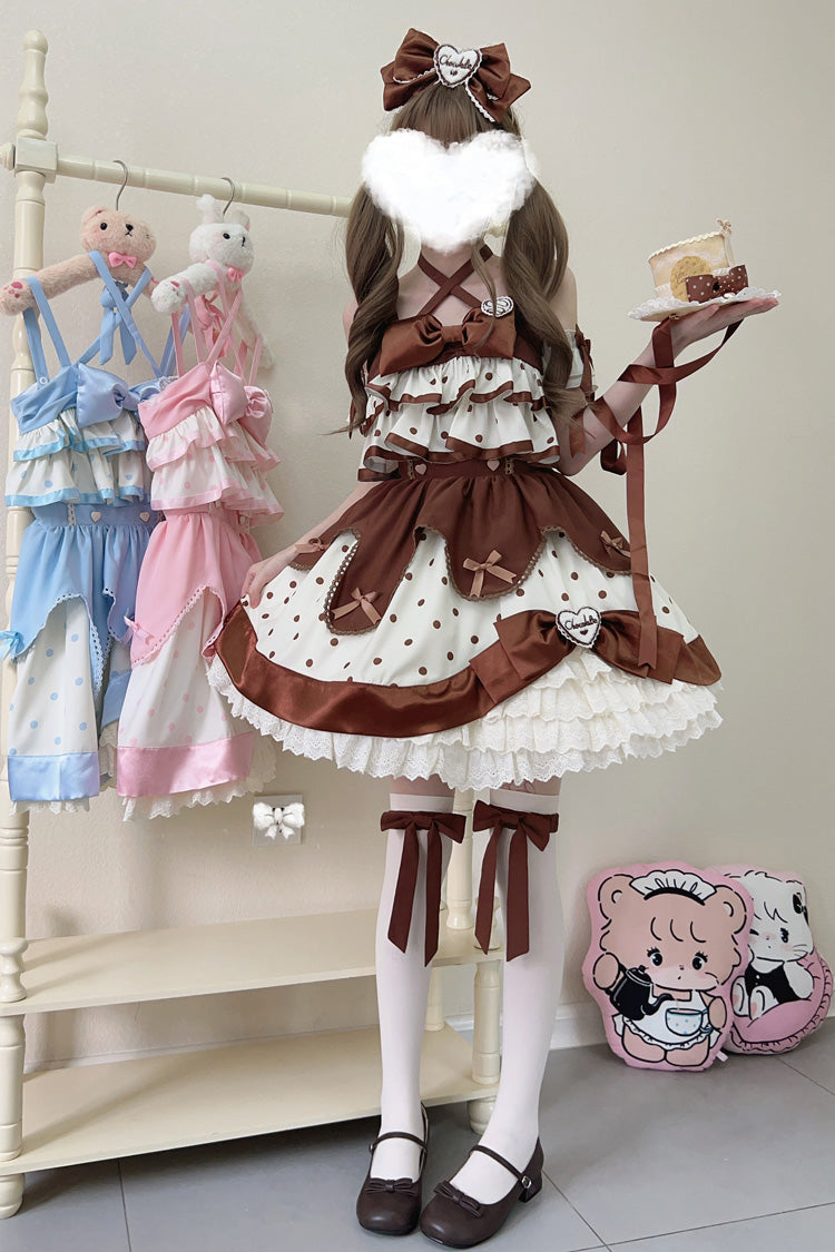 Chocolate Brown Cream Polka Dot Ruffled Bowknot Sweet Lolita JSK