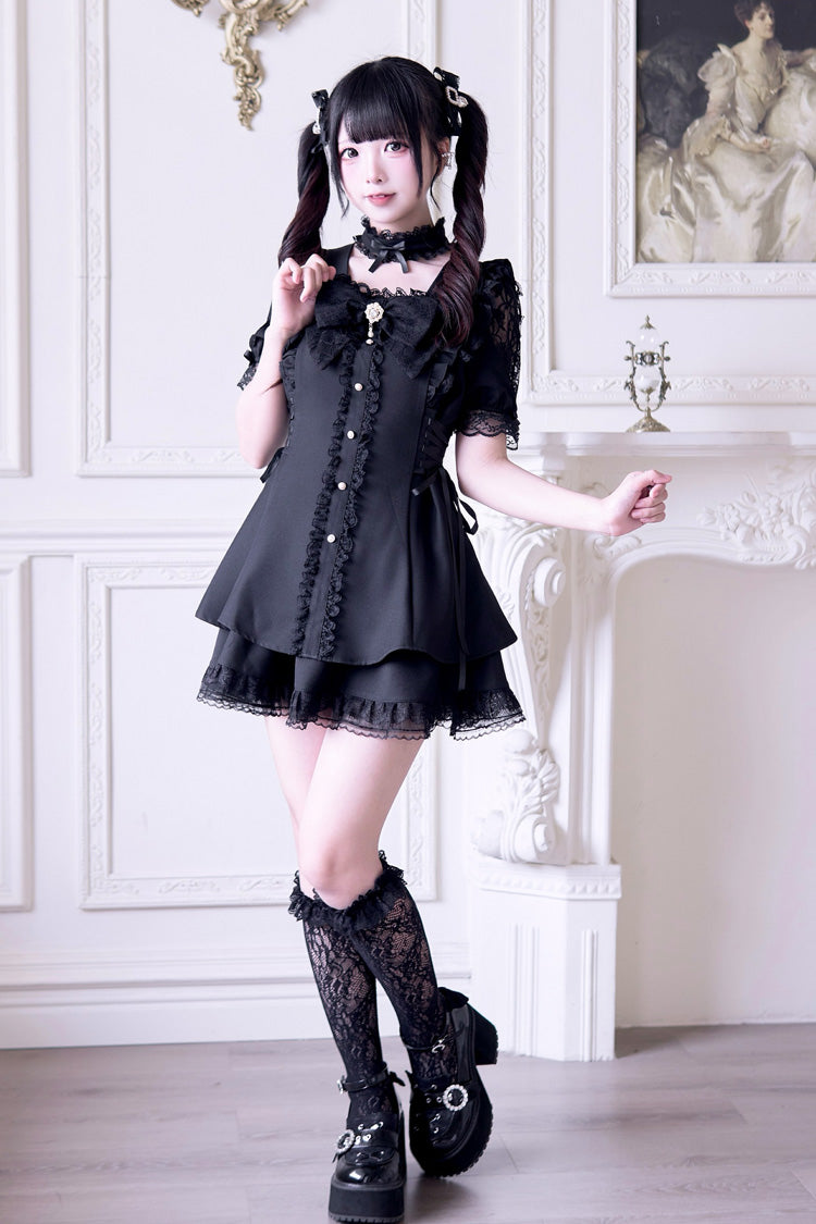 Noir Short Sleeve Ruffle Bow Gothic Jirai Kei Set - Waltz