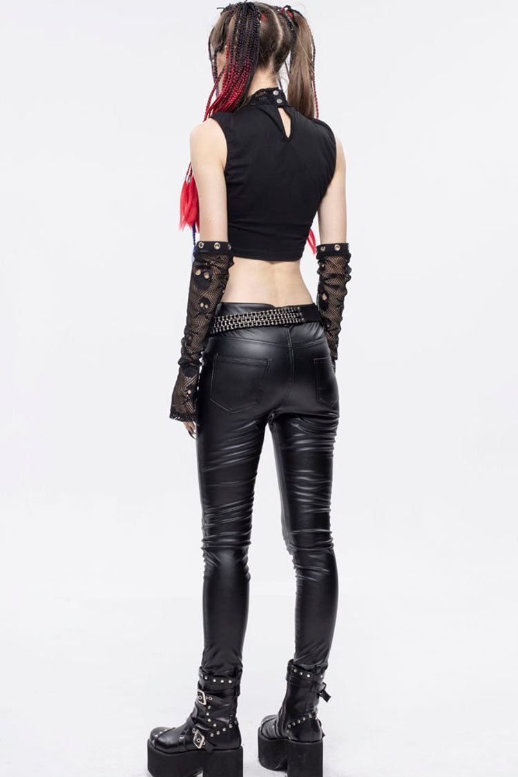Gothic Cotton Knit Two-Piece Look High Collar Skull Mesh Mini Vest