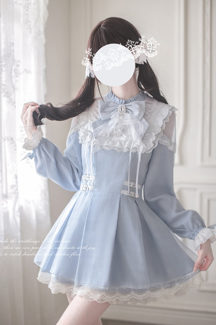 Aqua Long Sleeve Bow Lace Sweet Jirai Kei Dress