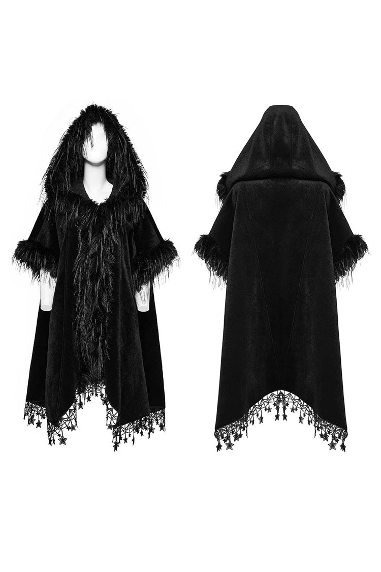Elegant Gothic Hooded Cloak with Bat Sleeves, Tassels, Faux Fur and Lace Trim
