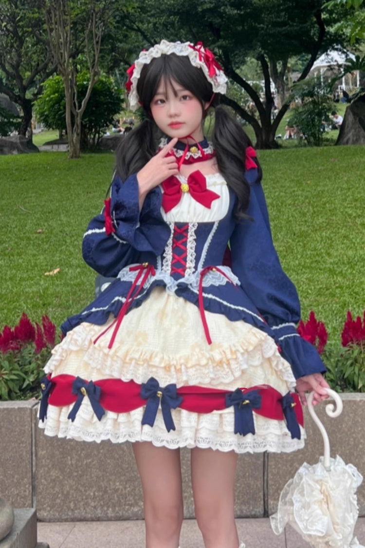 White-Blue Sweet Lolita Ruffle Cardigan Dress with Bowknot