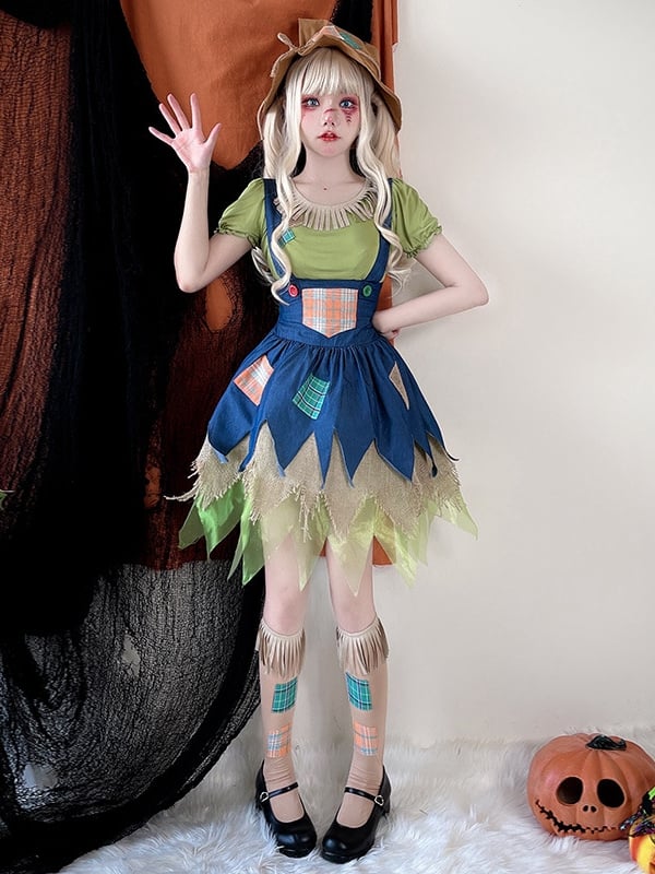 Halloween Green Blouse and Blue Dress Scarecrow Costume