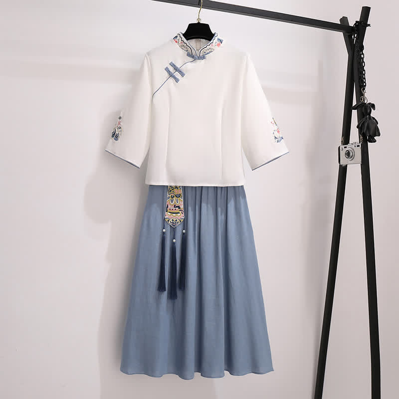 Vintage Hanfu Embroidery Buckle Shirt Tassel Skirt