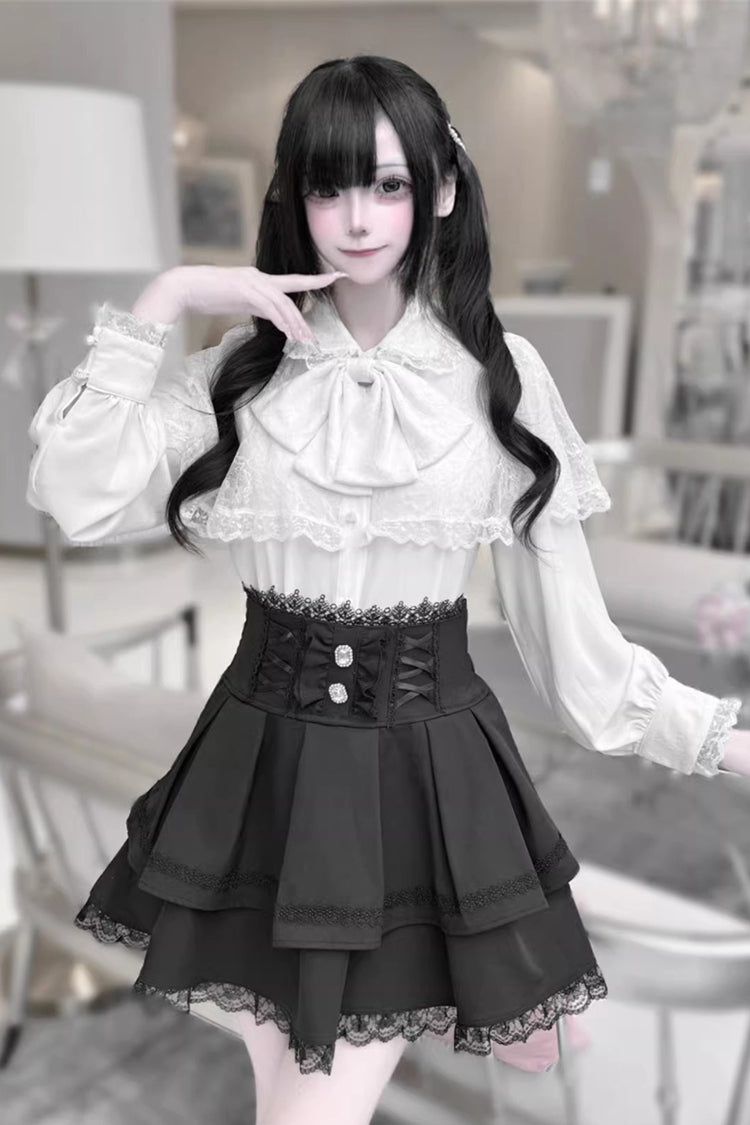 Dark Moon Shadow Double-Layered Ruffled Embroidered Bow Corset Gothic Jirai Kei Top and Skirt Set