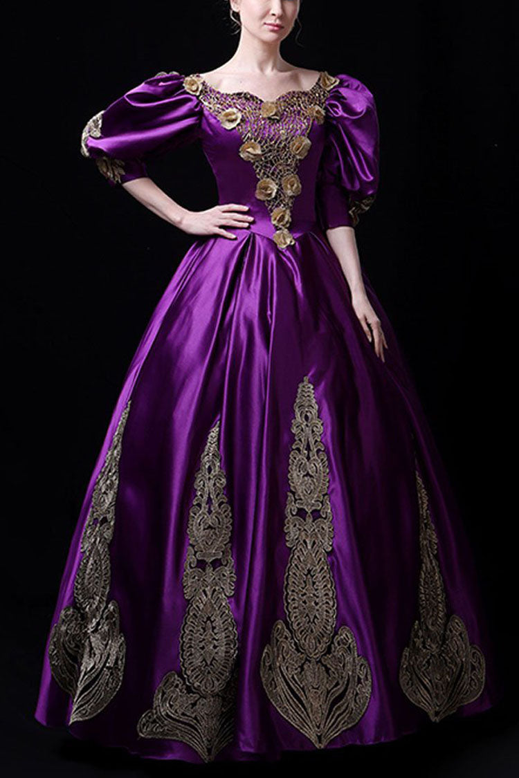 Golden Floral Hollow Print Victorian Gown - Boat Neck Half Sleeves