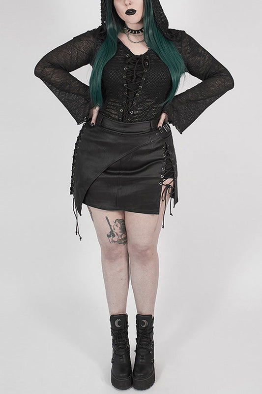 Plus Size Punk T-Shirt for Women in Black with Lace-Up Chest, Flare Sleeves & Distressed Knit Hood