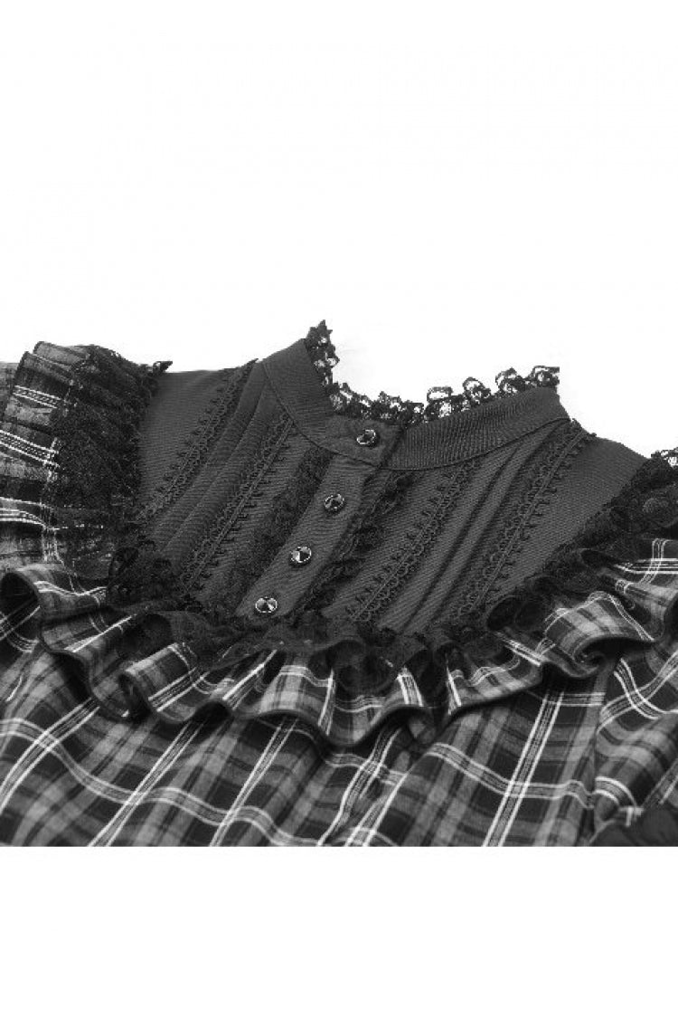 Monochrome Gothic Lolita Dress with Plaid, Stand Collar, and Lace-Up Front