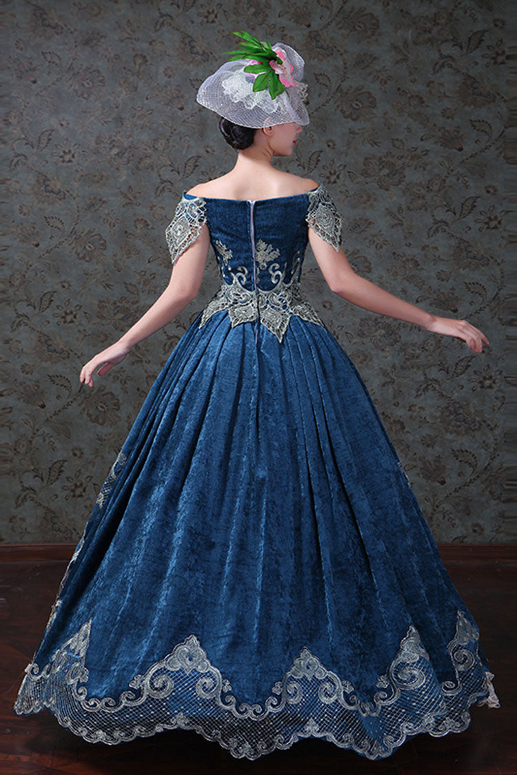 Blue Off-Shoulder Dress with Floral Embroidery - Victorian Lolita