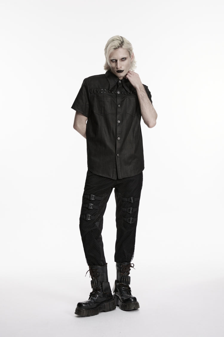 Noir Punk Pants with Buckle Straps and Mesh Detailing
