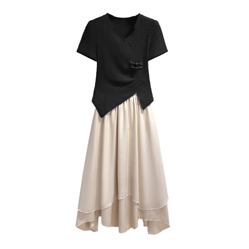 Elegant Buckle Irregular T-Shirt Layered Midi Skirt Set