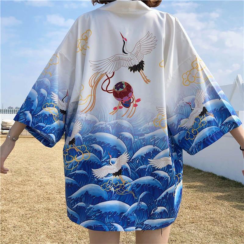 Crane Print Belted Kimono Outerwear Sun Protective