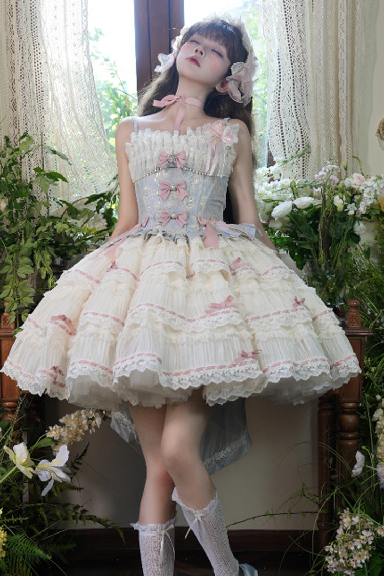 Sea Salt Souffle Sleeveless Multi-Tier Bow Lace Ballet Lolita Jumper Dress