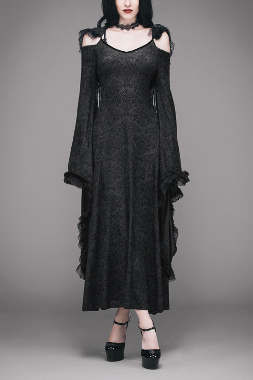 Gothic Oversized Cuffs Stretchy Floral Off-Shoulder Hooded Maxi Dress