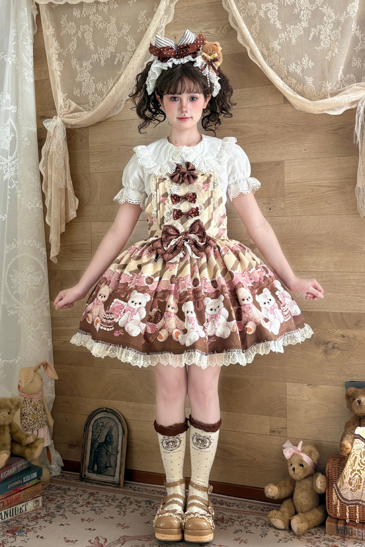 Chocolate Brownie Sleeveless Printed Ruffled Bow Lace Sweet Strap Dress
