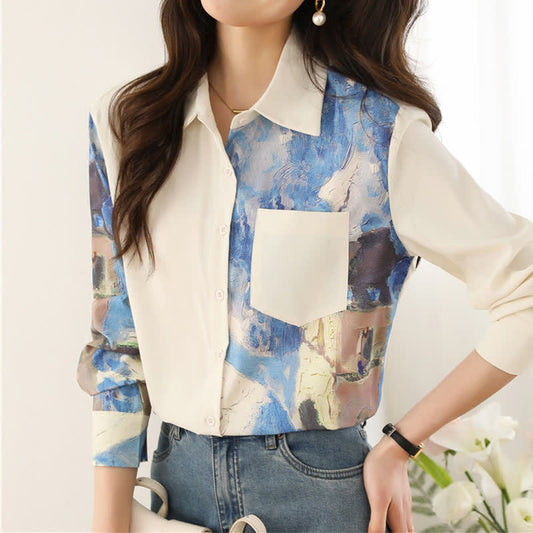 Irregular Printing Chiffon Pocket Lapel Shirt