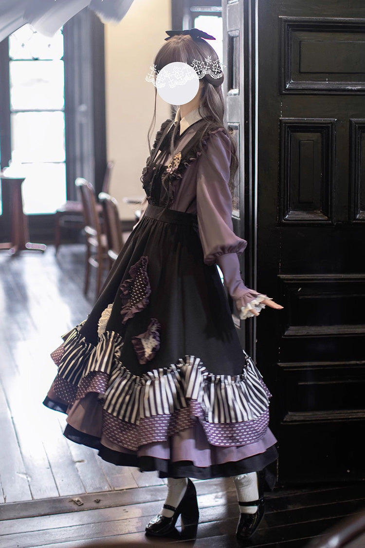 Noir Striped Double Layer Ruffle Bow Irregular JSK - Witch Academy