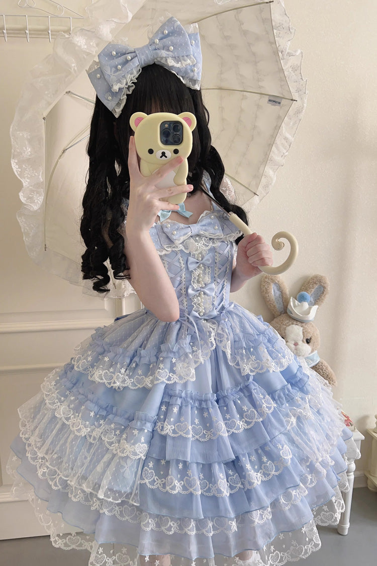 Blue Love Overture Multilayer Ruffled Bowknot Lace Sweet Lolita JSK