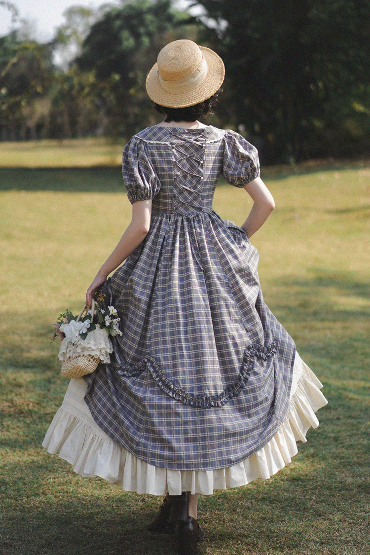 Vintage Elegant Lolita Dress with Boat Neck, Short Sleeves, Ruffled Hem, Grey/Blue