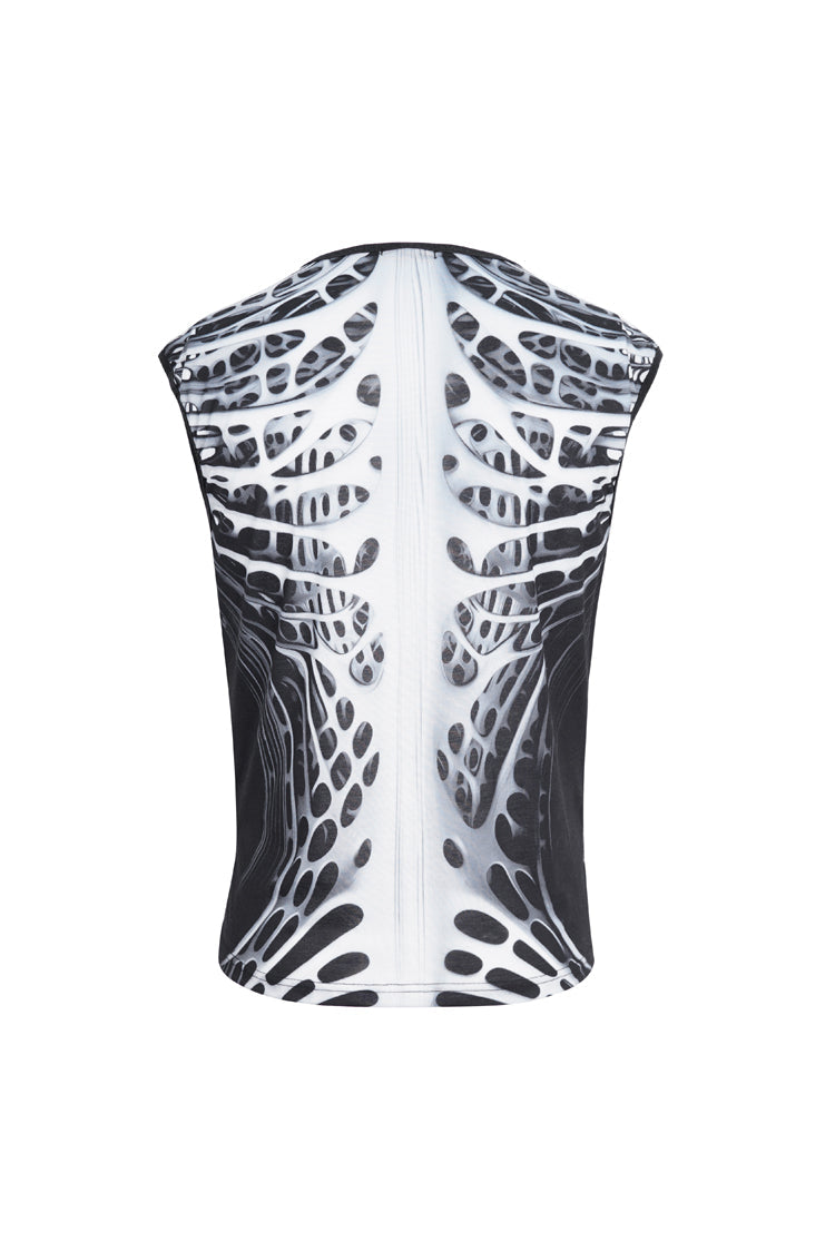 Monochrome Punk Vest with Round Collar and Cut-Out Print